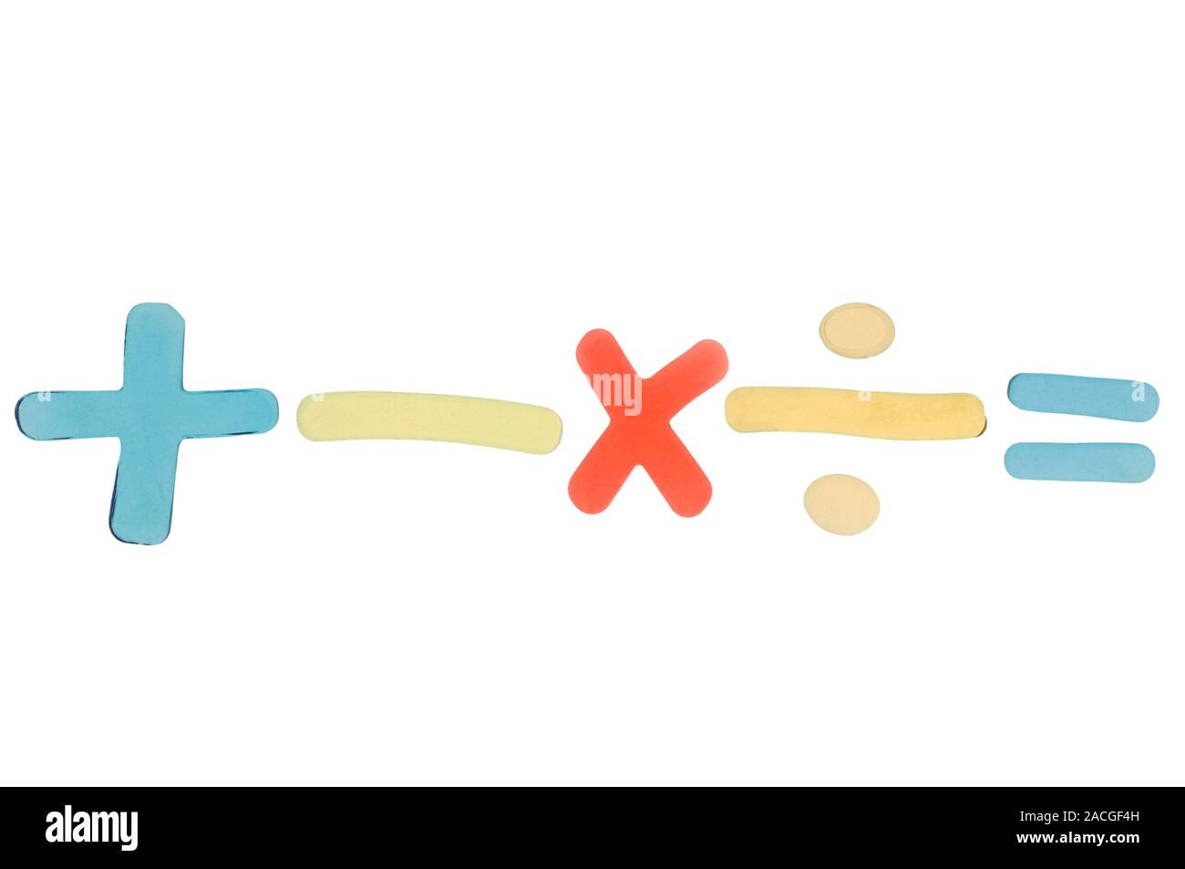 Gel mathematical symbols. These are children's toys for learning mathematics. The five symbols represent the basic mathematical symbols used in arithm Stock Photo