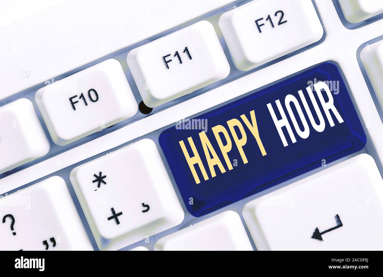 Text sign showing Happy Hour. Business photo showcasing Spending time for activities that makes you relax for a while White pc keyboard with empty not Stock Photo