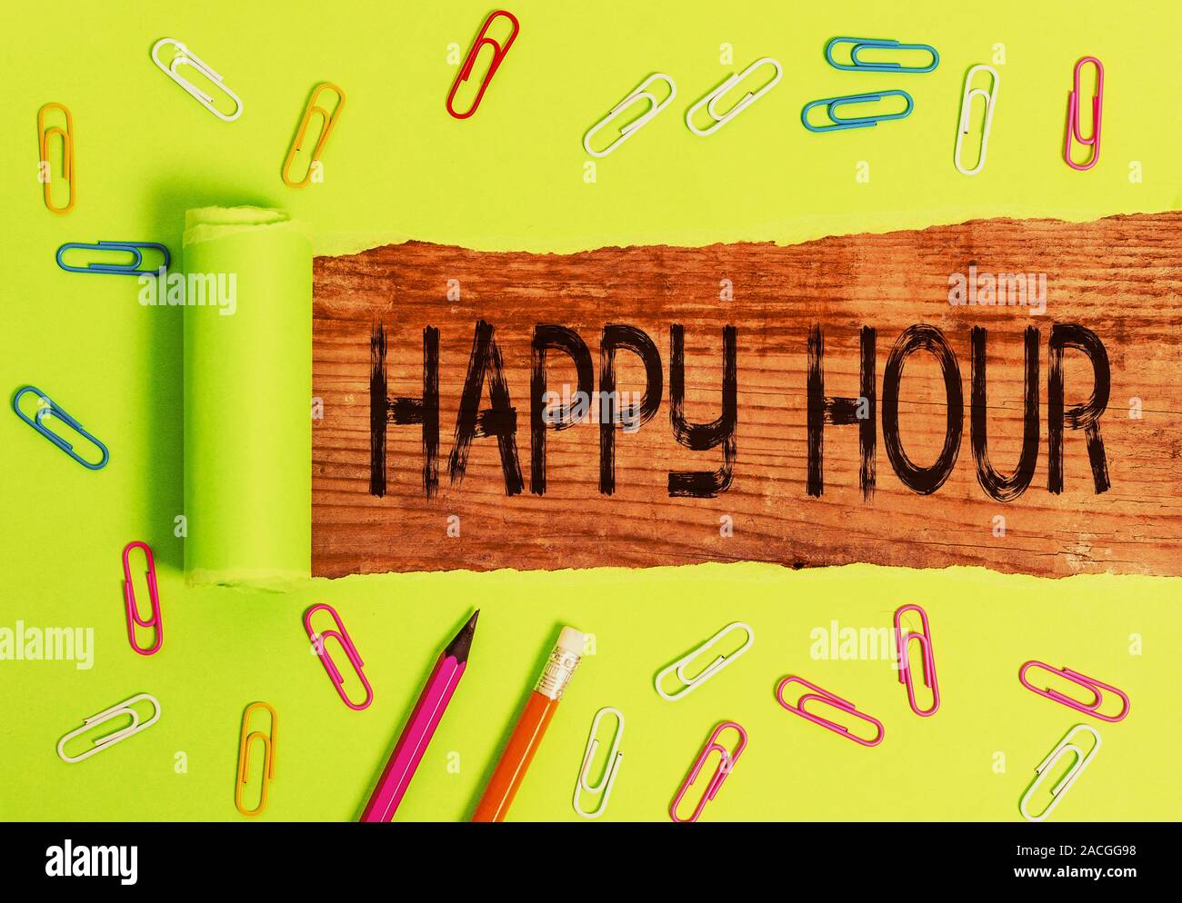 Conceptual hand writing showing Happy Hour. Concept meaning Spending time for activities that makes you relax for a while Stock Photo