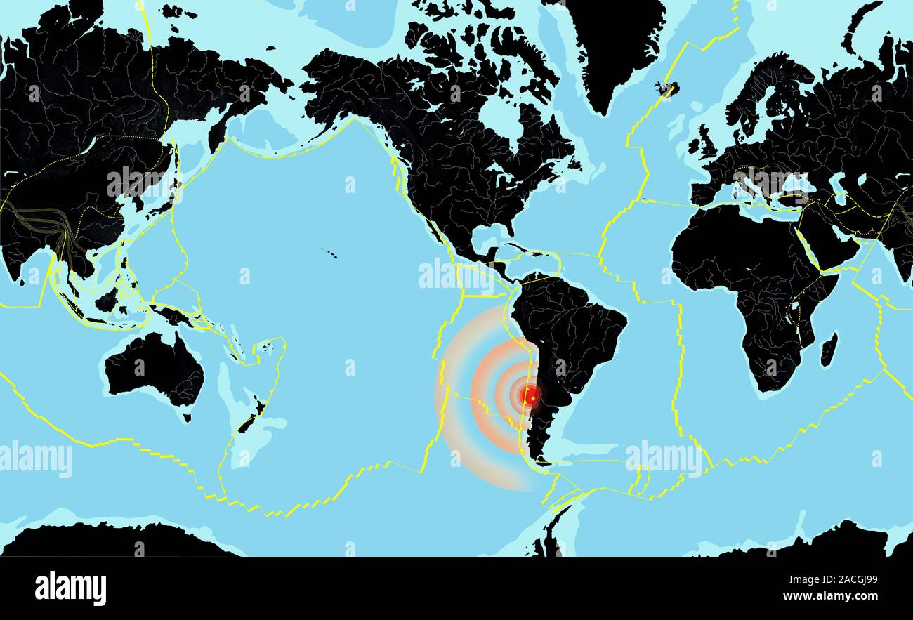 Chile 2010 earthquake. World map showing the location and seismic waves