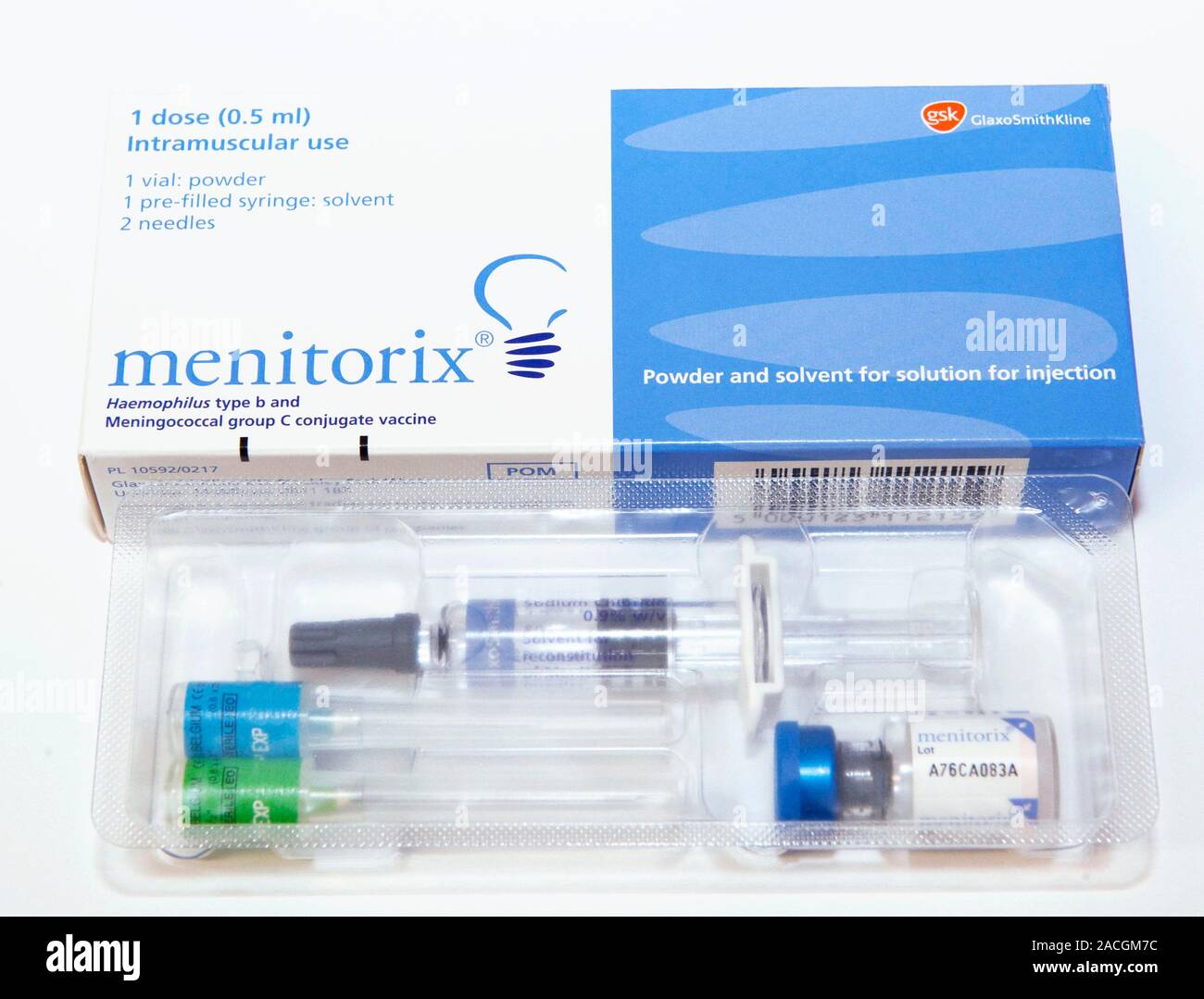 Packaging and vials of Menitorix vaccine for inoculation by injection ...
