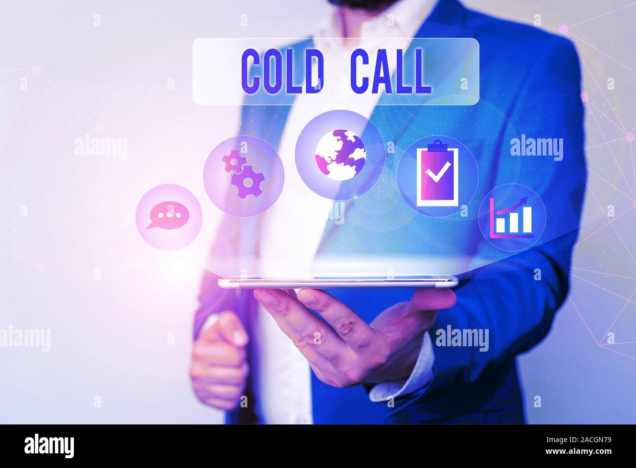 Text sign showing Cold Call. Business photo text Unsolicited call made by someone trying to sell goods or services Male human wear formal work suit pr Stock Photo