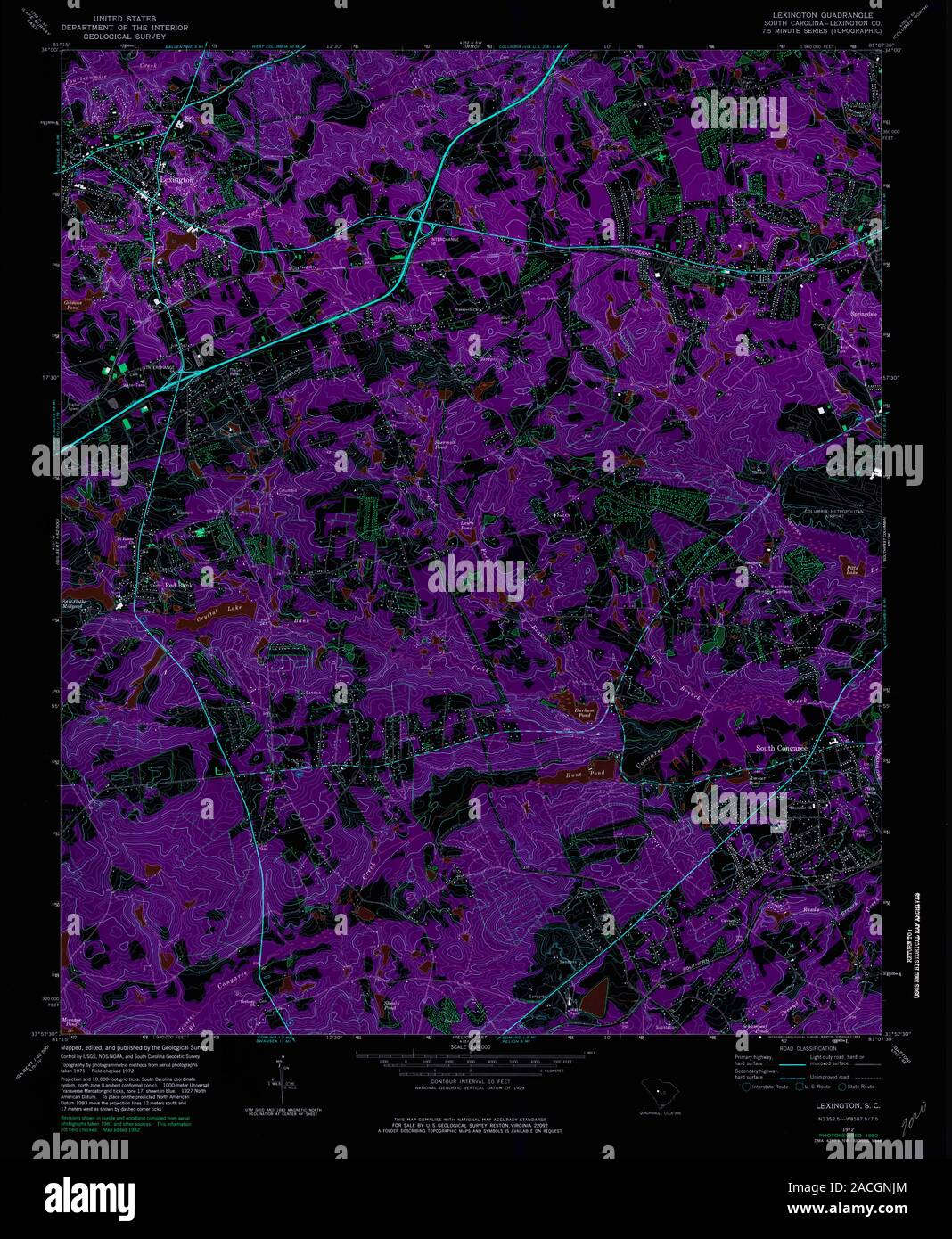 USGS TOPO Map South Carolina SC Lexington 261245 1972 24000 Inverted Restoration Stock Photo