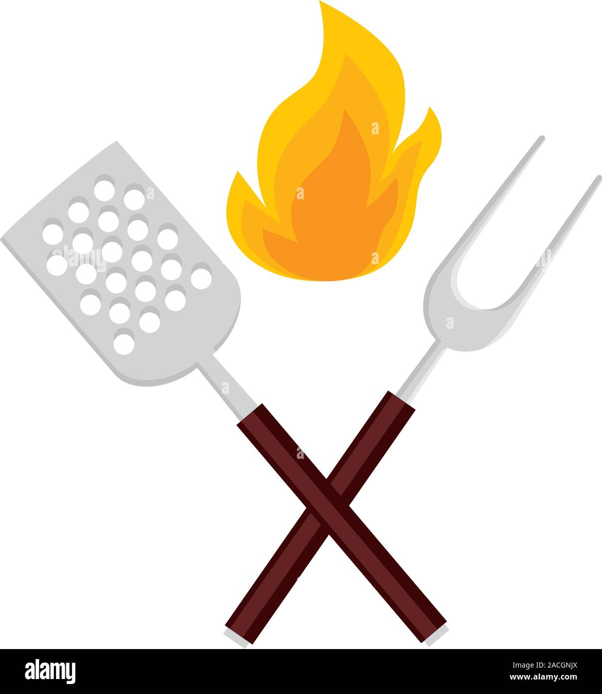 spatula with fork barbecue and flame isolated icon Stock Vector Image ...