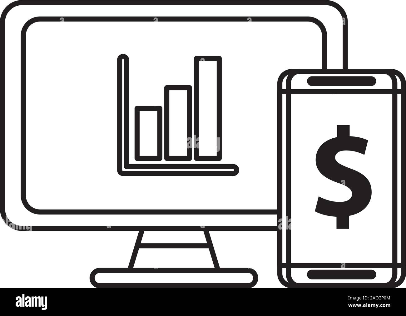 desktop with statistics bars and smartphone Stock Vector
