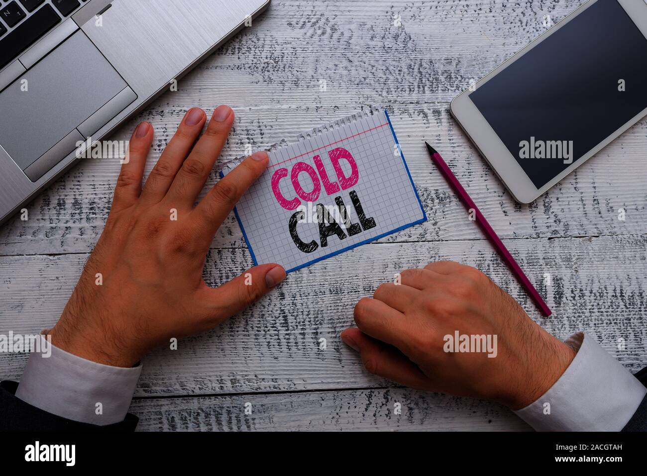 Conceptual hand writing showing Cold Call. Concept meaning Unsolicited call made by someone trying to sell goods or services Stock Photo