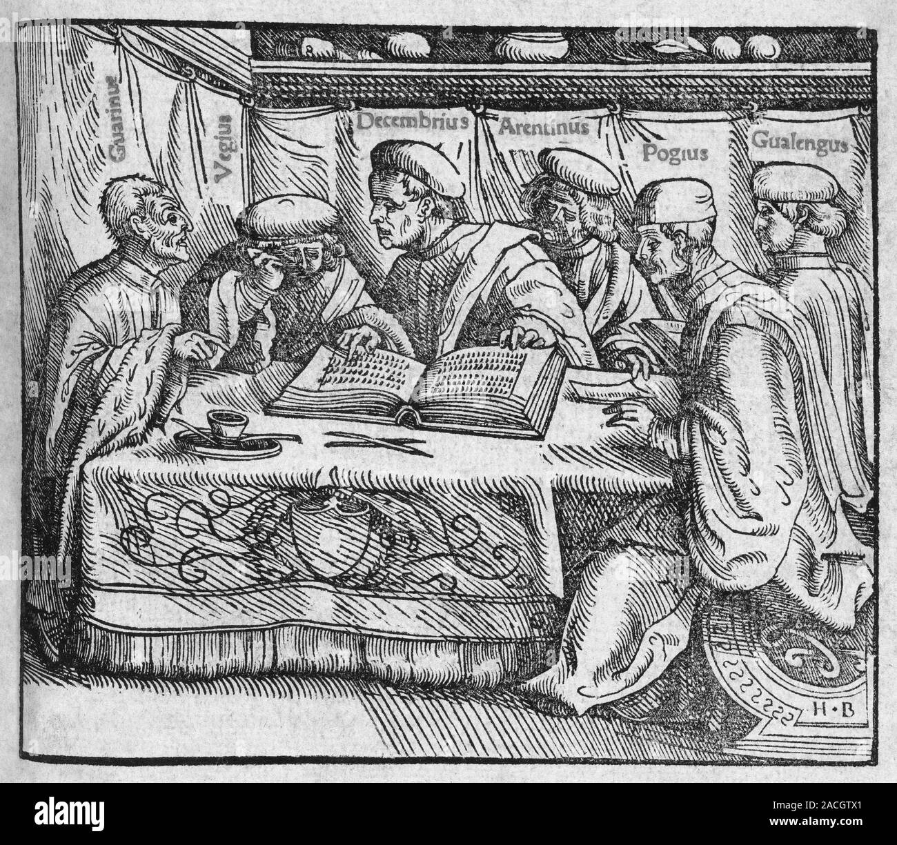 Humanist scholars in debate. Woodcut illustration depicting six ...