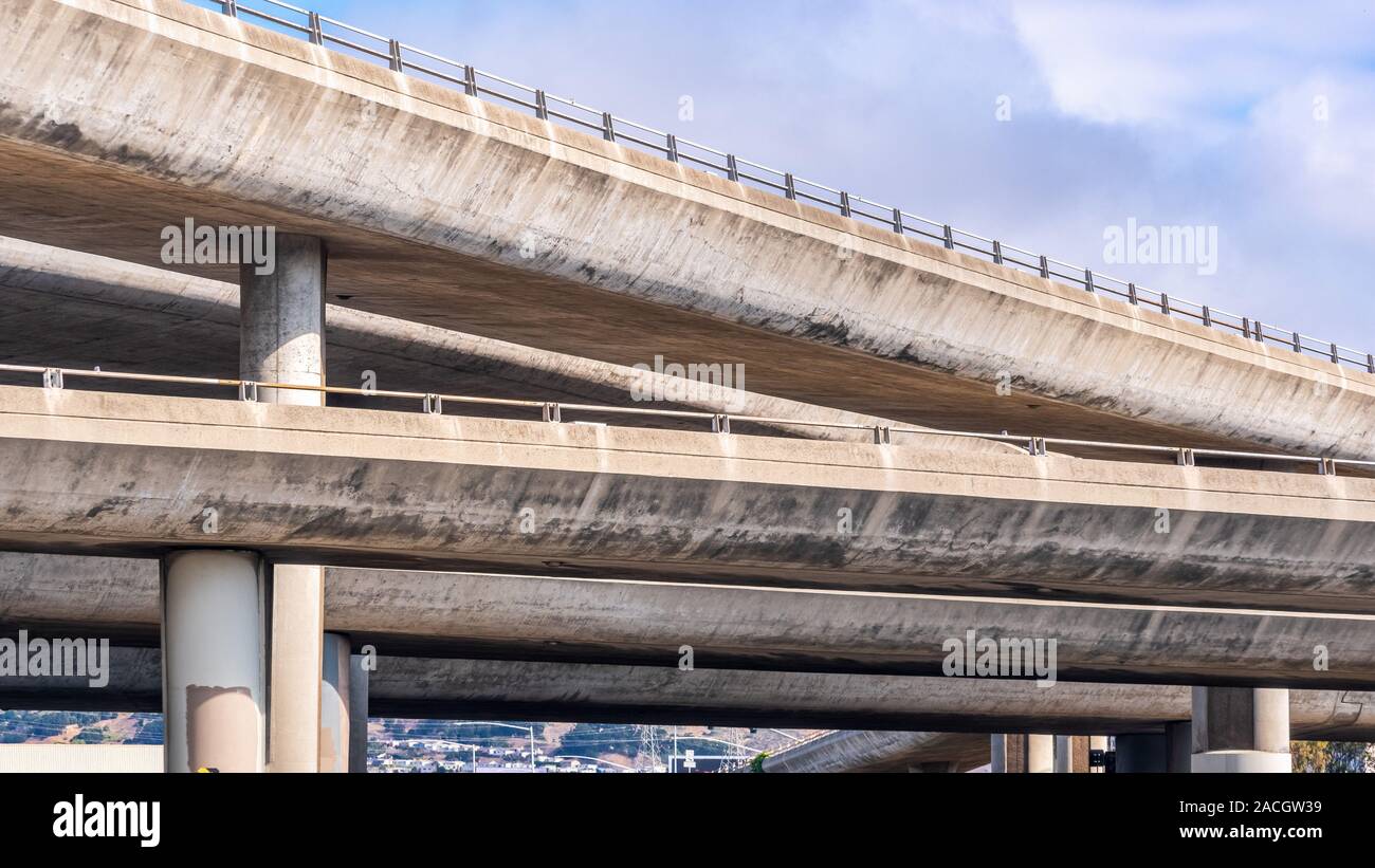 Close up of the concrete ramps of a multilayered freeway interchange in San Francisco bay area, California Stock Photo