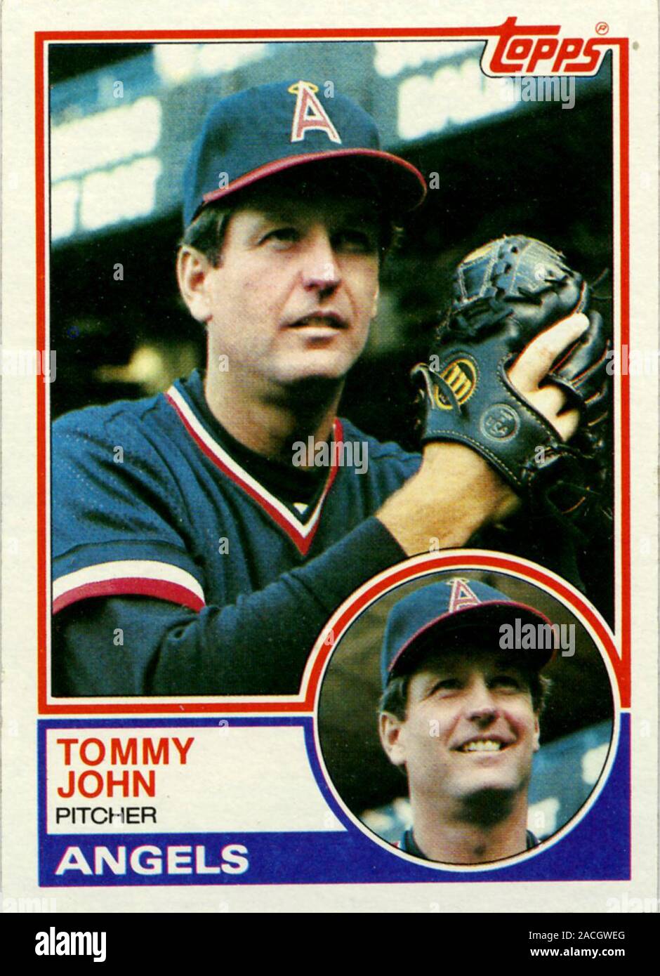 Topps baseball card depicting Tommy John with the California Angels in 1983. Tommy John was a successful Major League pitcher but is best known for a surgery to repair his pitching arm now referred to as Tommy John surgery. Stock Photo