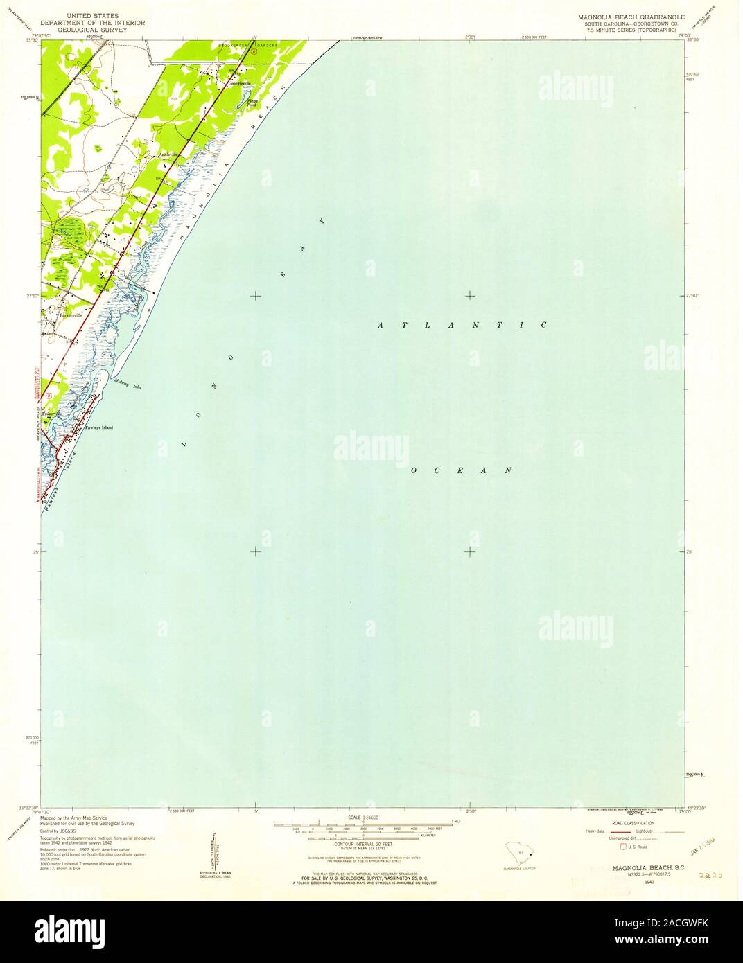 USGS TOPO Map South Carolina SC Magnolia Beach 261278 1942 24000 Restoration Stock Photo