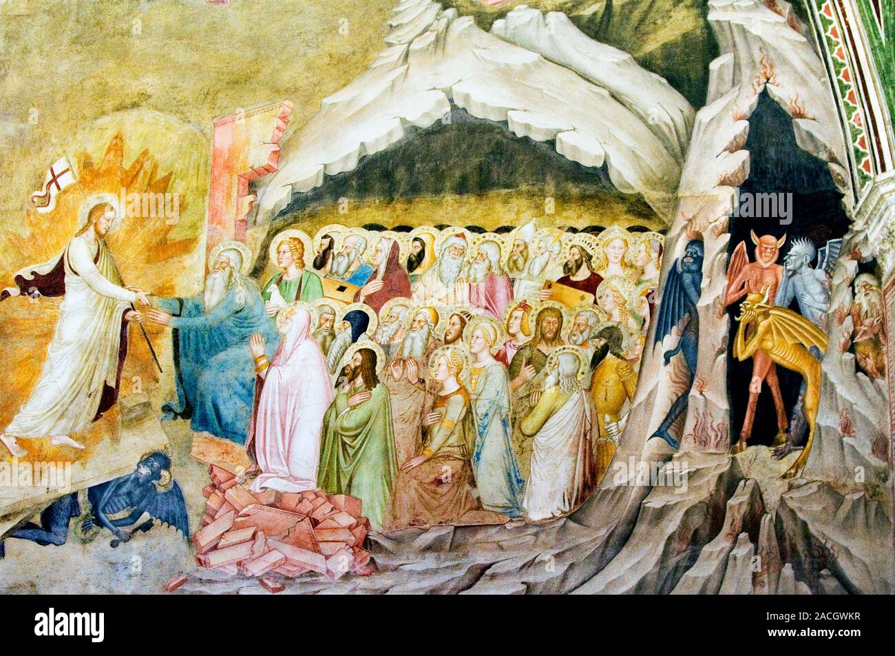 Christ's descent into Limbo. Jesus Christ (left) bearing a flag and ...