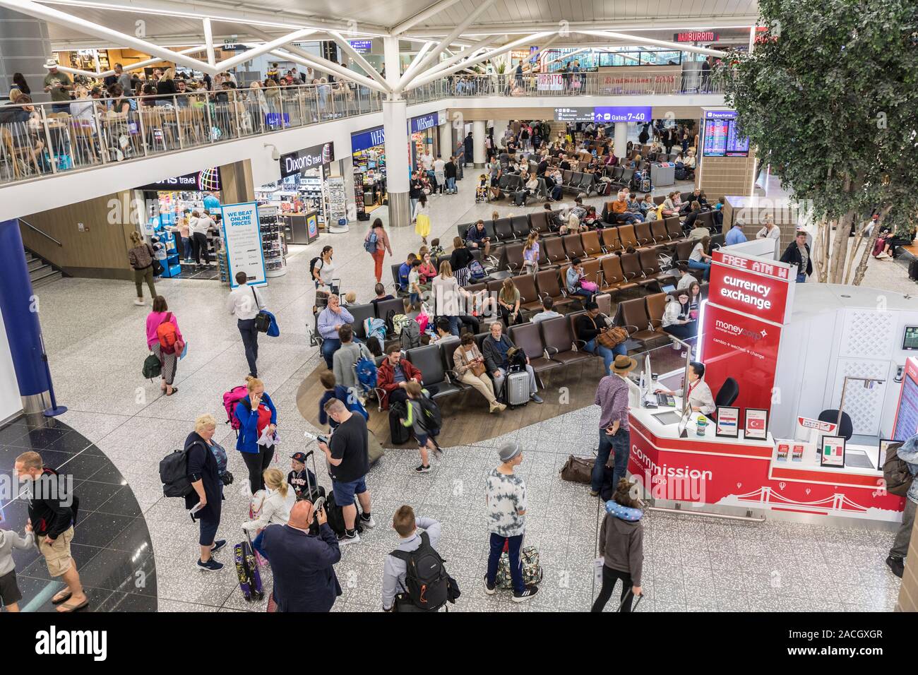 Bristol airport departures with currency exchange desk, Bristol, England, UK Stock Photo