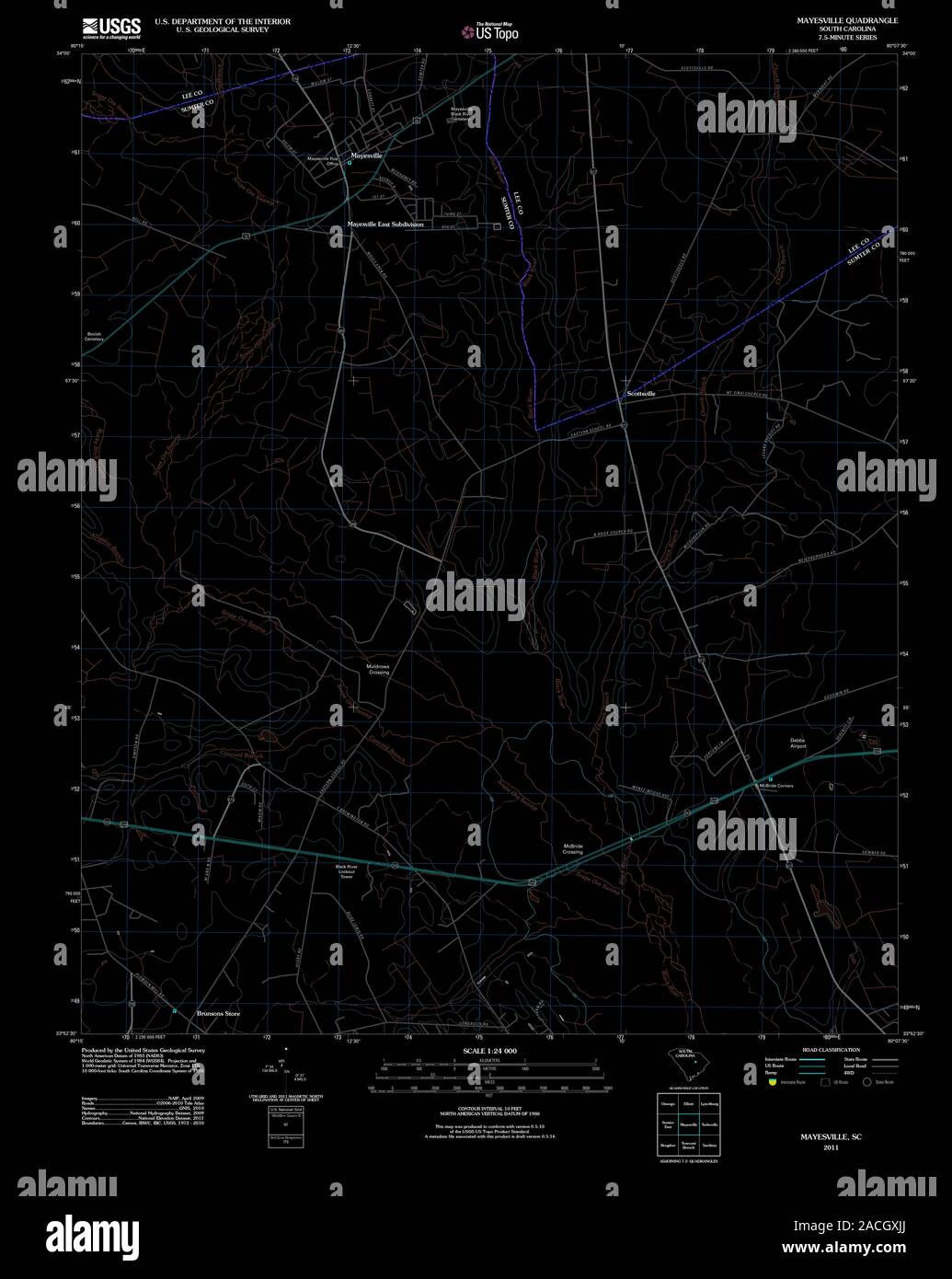 USGS TOPO Map South Carolina SC Mayesville 20110808 TM Inverted