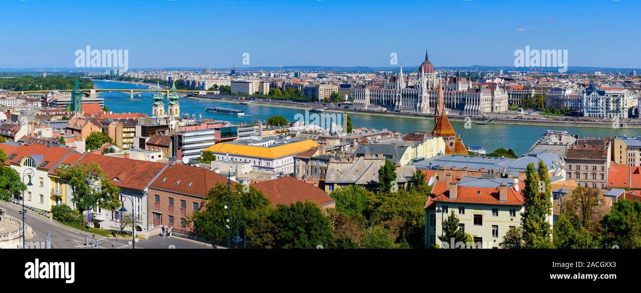 Panorama of Hungarian Parliament Building and River Danube, Budapest, Hungary Stock Photo