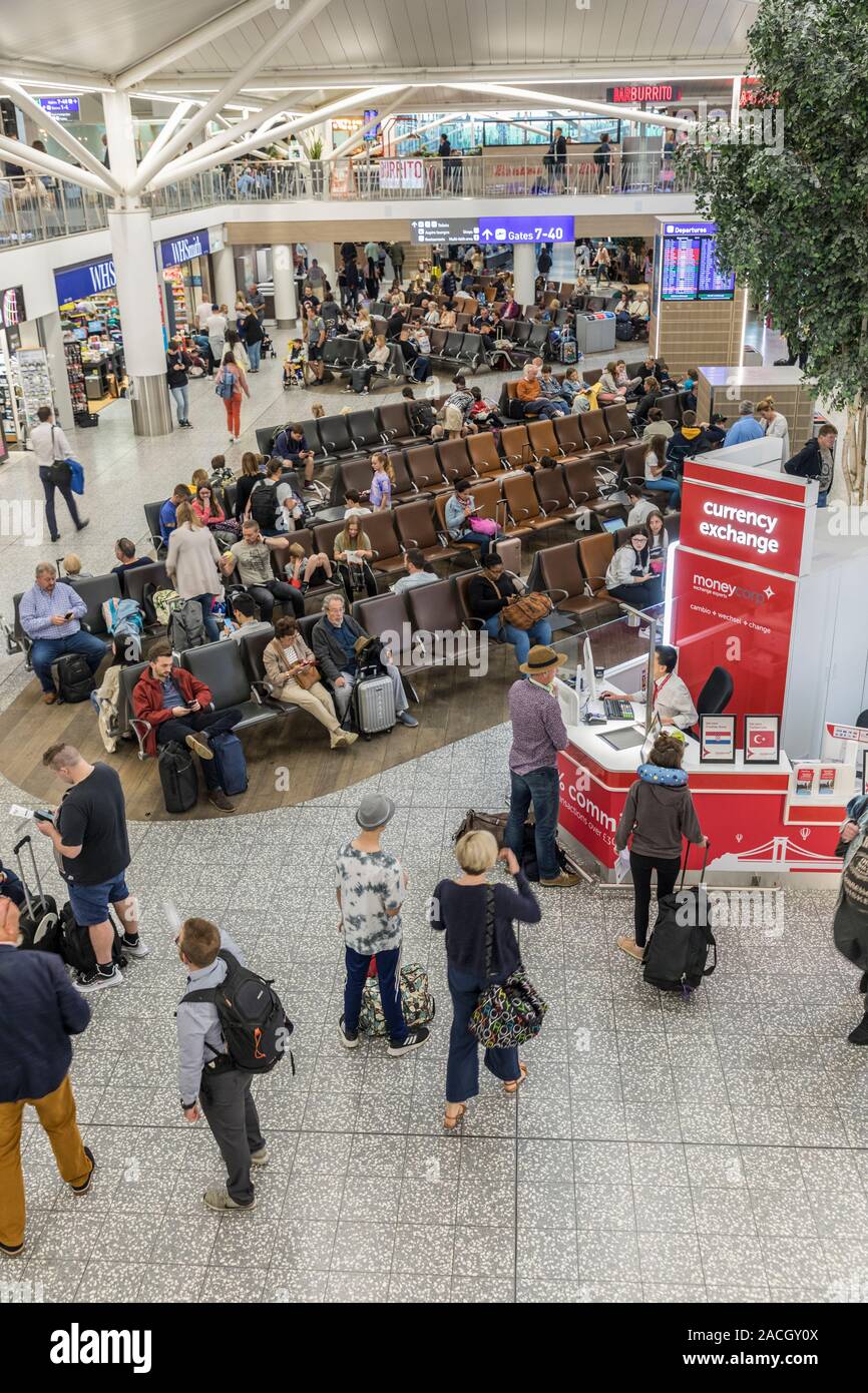 Bristol airport departures with currency exchange desk, Bristol, England, UK Stock Photo