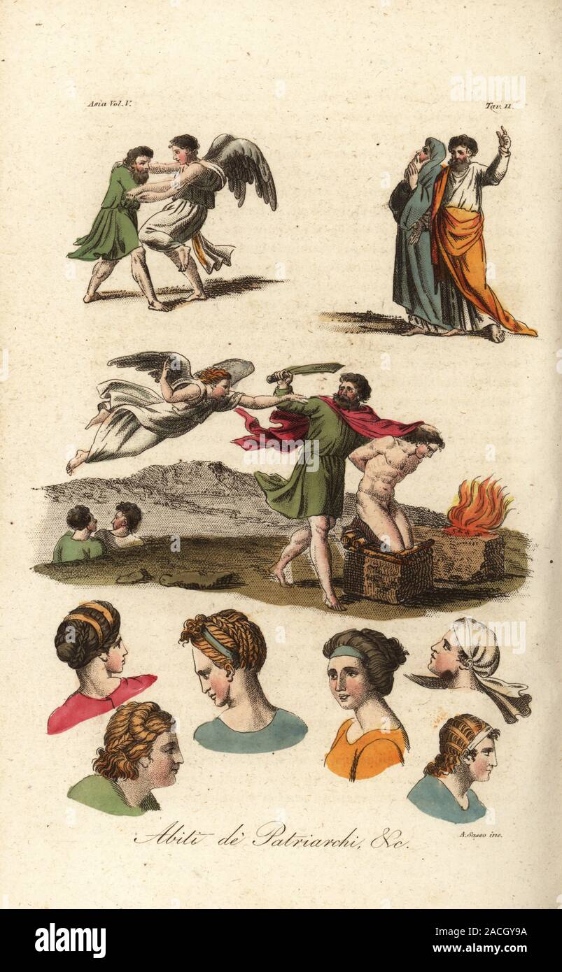 Costumes of the ancient Hebrew patriarchs, including Abraham, Moses, angels, etc. Abiti de Patriarchi, &c. Handcoloured copperplate engraving by Giovanni Antonio Sasso from Giulio Ferrario’s Costumes Ancient and Modern of the Peoples of the World, Il Costume Antico e Moderno, Florence, 1847. Stock Photo
