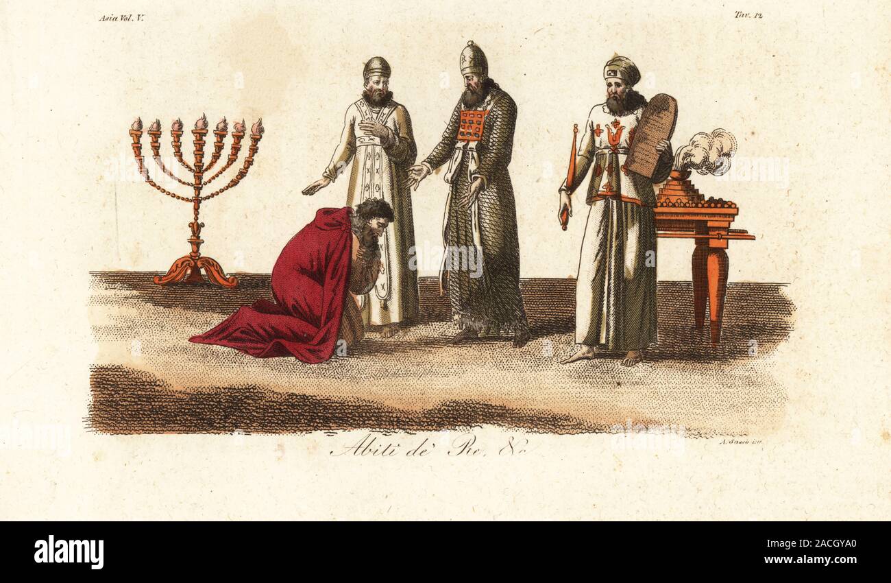 Costumes of the Kings of the Hebrews. King Saul of Israel and Judah in purple cape over white robes kneels before Hebrew rabbi and menorah candlelanbrum. Abiti de Re, &c. Handcoloured copperplate engraving by Giovanni Antonio Sasso from Giulio Ferrario’s Costumes Ancient and Modern of the Peoples of the World, Il Costume Antico e Moderno, Florence, 1847. Stock Photo