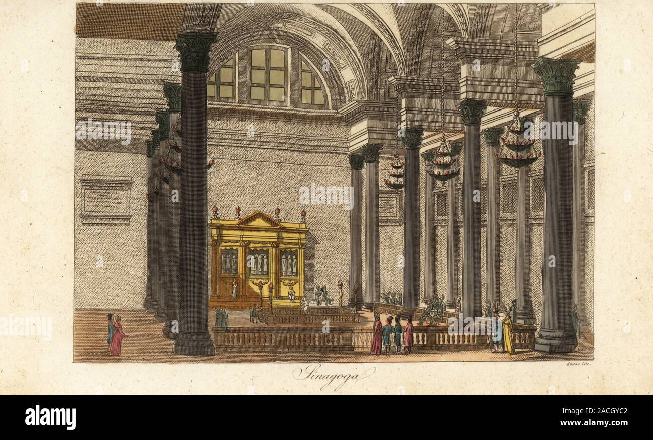 Interior of a Jewish synagogue. Sinagoga. Handcoloured copperplate engraving by Giovanni Antonio Sasso from Giulio Ferrario’s Costumes Ancient and Modern of the Peoples of the World, Il Costume Antico e Moderno, Florence, 1847. Stock Photo