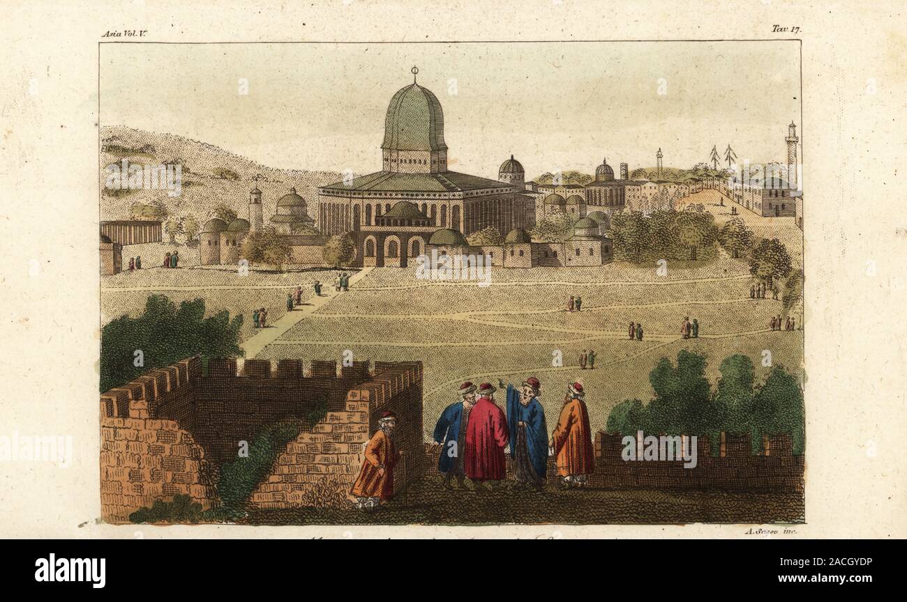 View of the al-Aqsa Mosque, Dome of the Rock, Qubat al-Sakhra, Jerusalem,  1800s. The Mosque called the Temple of Solomon. Moschea detta il Tempio di  Salomone. Handcoloured copperplate engraving by Giovanni Antonio