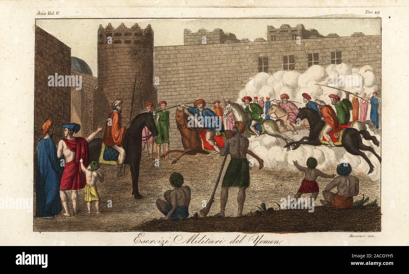 Yemeni cavalry performing military exercises. They gallop on horses in front of a fortress wall and mosque, while a soldier with musket watches. Ezercizi Militari del Yemen. Handcoloured copperplate engraving by Andrea Bernieri from Giulio Ferrario’s Costumes Ancient and Modern of the Peoples of the World, Il Costume Antico e Moderno, Florence, 1847. Stock Photo