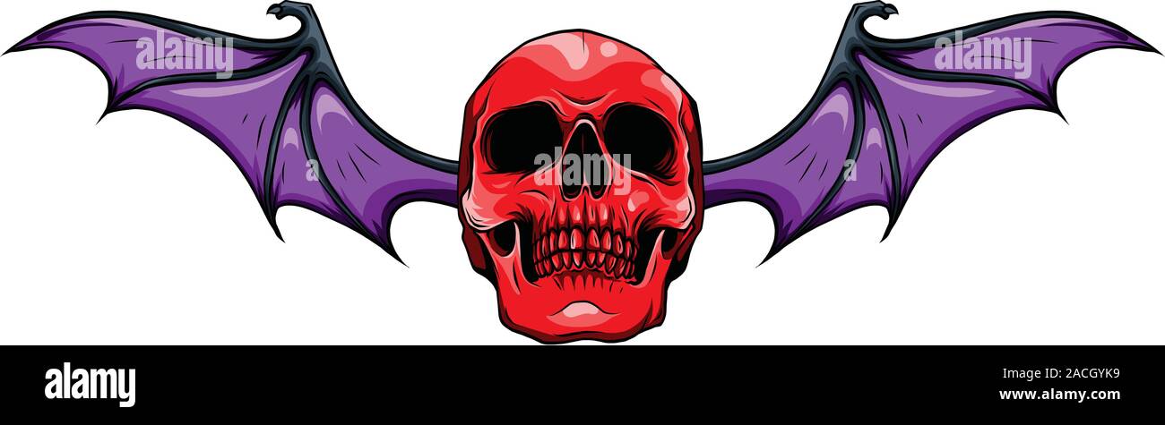 Fanged Skull with Bat Wings Black and White Vector Graphic Illustration Icon Stock Vector