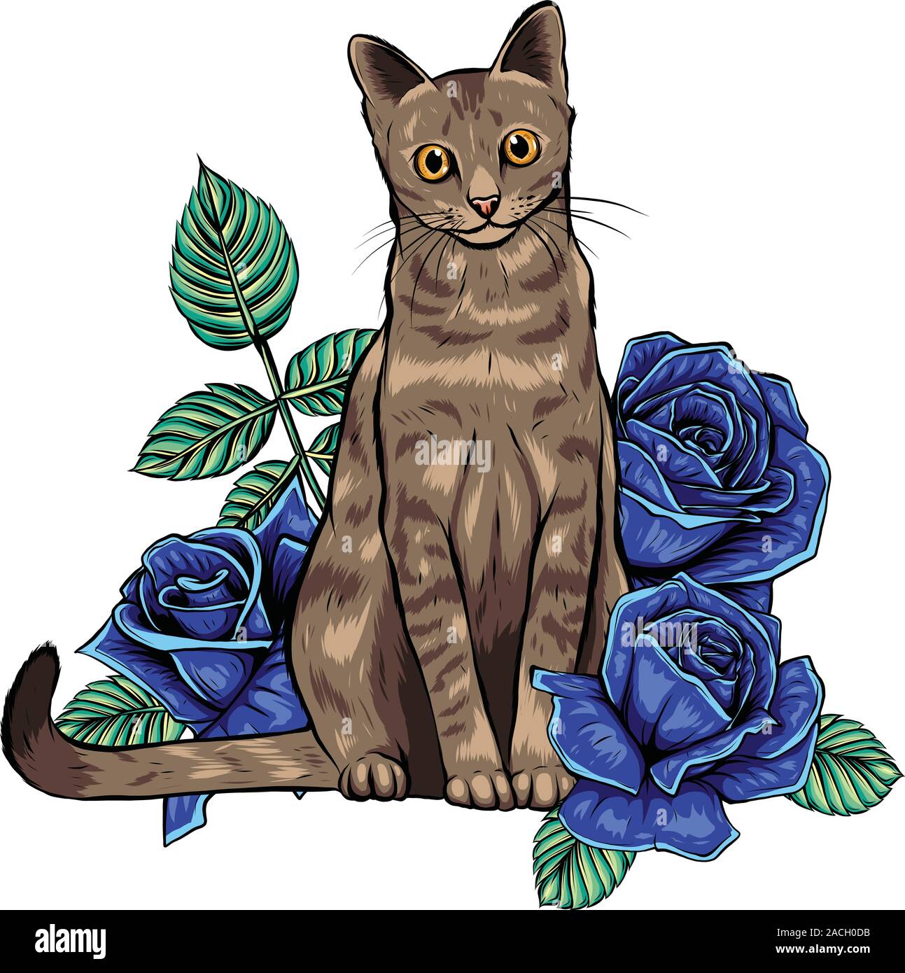 hand drawn ink doodle cat and flowers on white background. Stock Vector