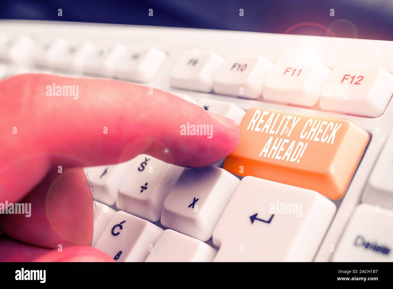 Word writing text Reality Check Ahead. Business photo showcasing makes them recognize truth about situations or difficulties White pc keyboard with em Stock Photo