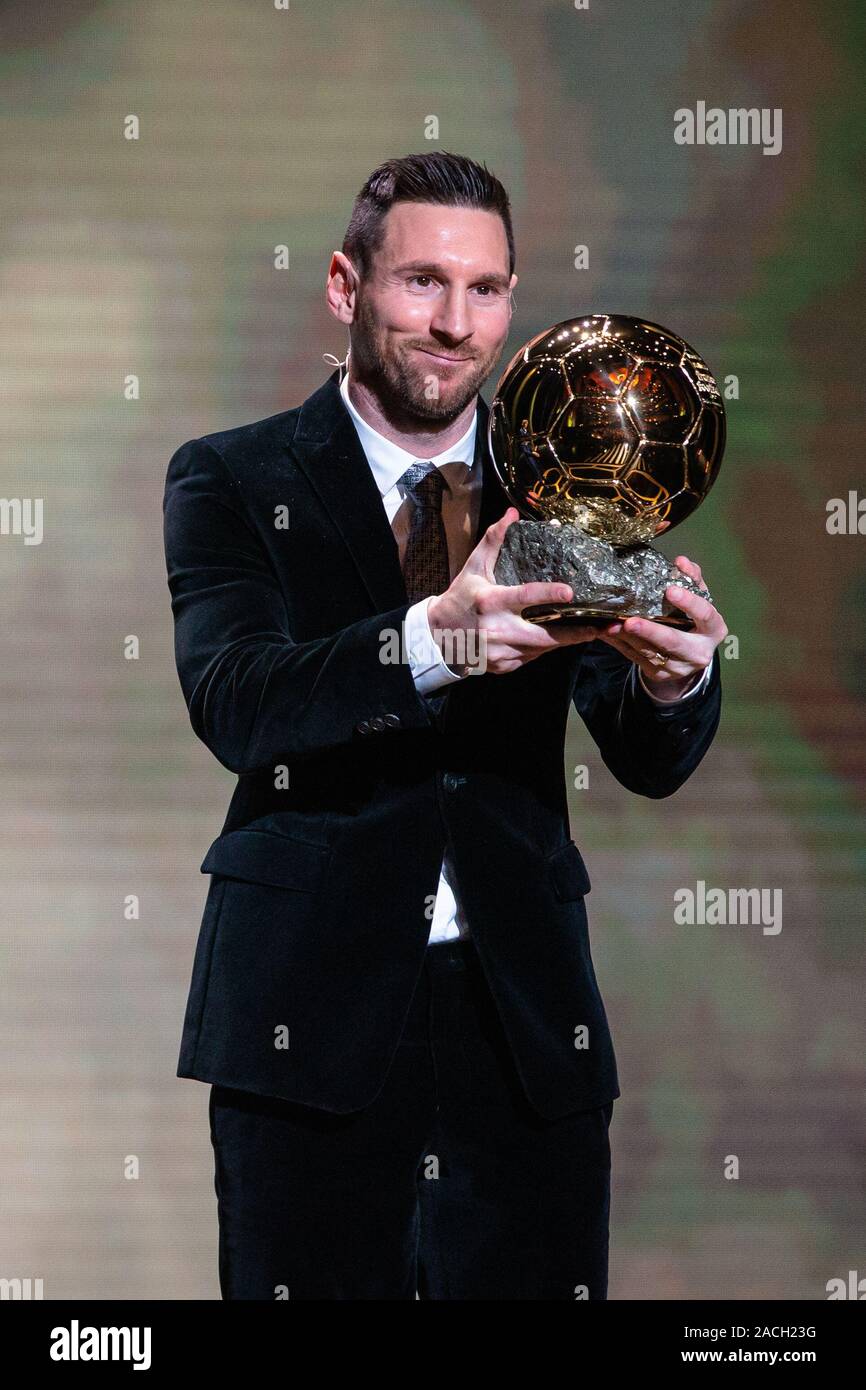 Paris, France. 2nd Dec, 2019. Barcelona's Argentinian forward Lionel Messi  poses with the trophy during the Ballon d'Or 2019 awards ceremony at the  Theatre du Chatelet in Paris, France, Dec. 2, 2019.