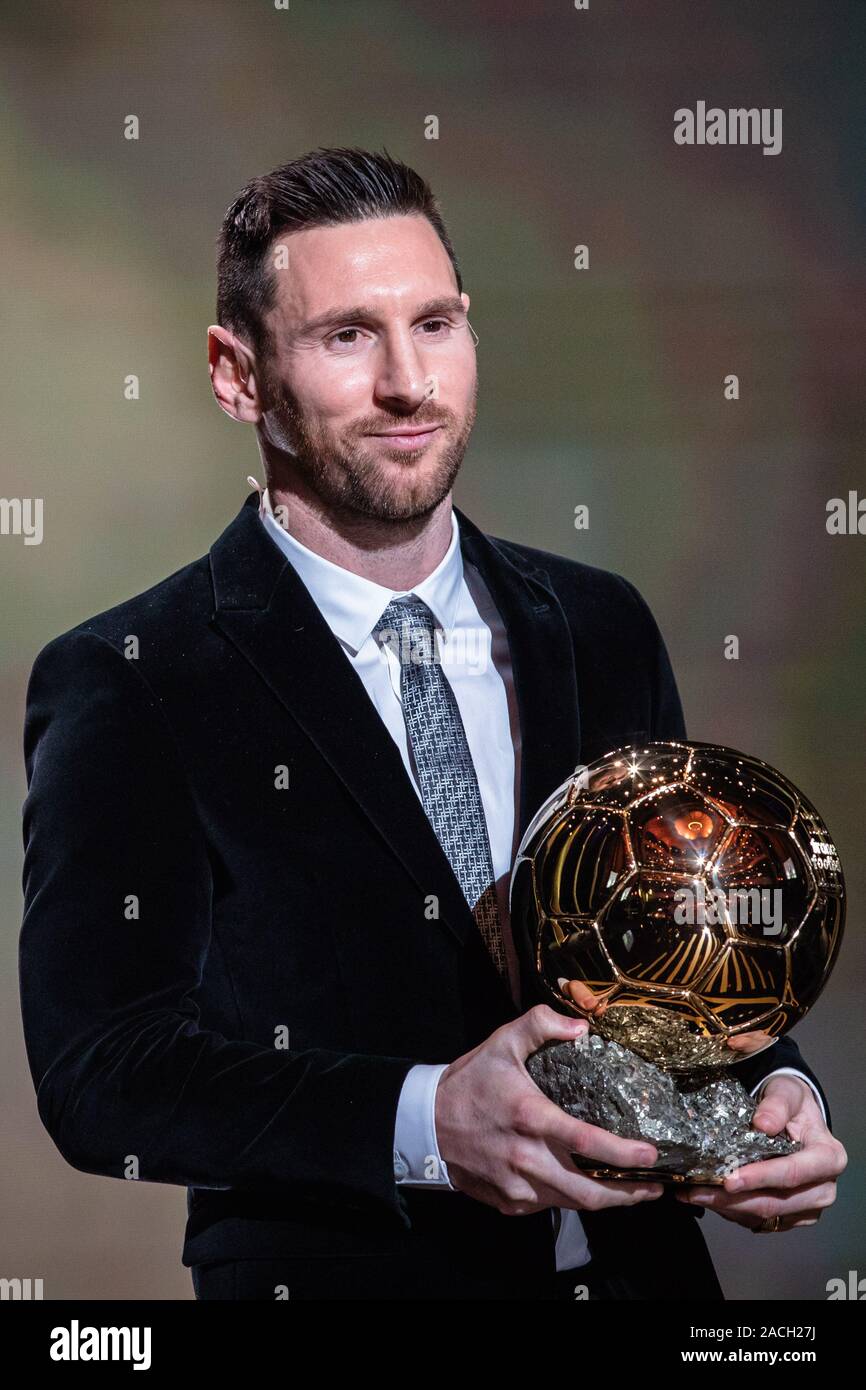 Paris, France. 2nd Dec, 2019. Barcelona's Argentinian forward Lionel Messi  poses with the trophy during the Ballon d'Or 2019 awards ceremony at the  Theatre du Chatelet in Paris, France, Dec. 2, 2019.