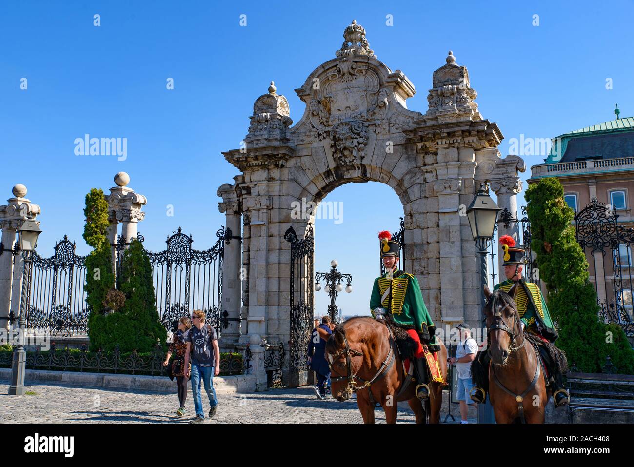 Hungarian Royal Horse Guards at Budapest Castle, Hungary Stock Photo