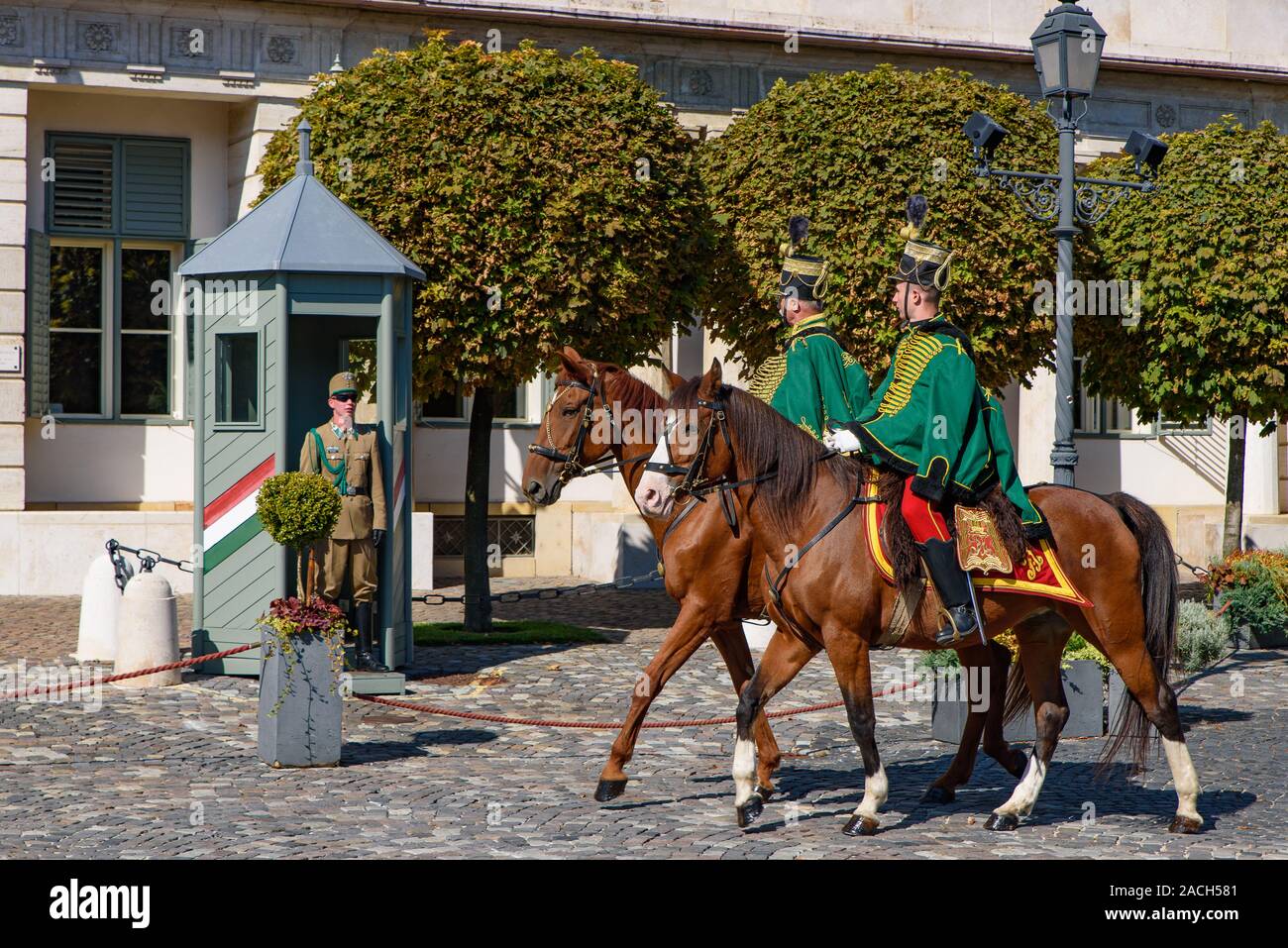 Hungarian Royal Horse Guards at Budapest Castle, Hungary Stock Photo