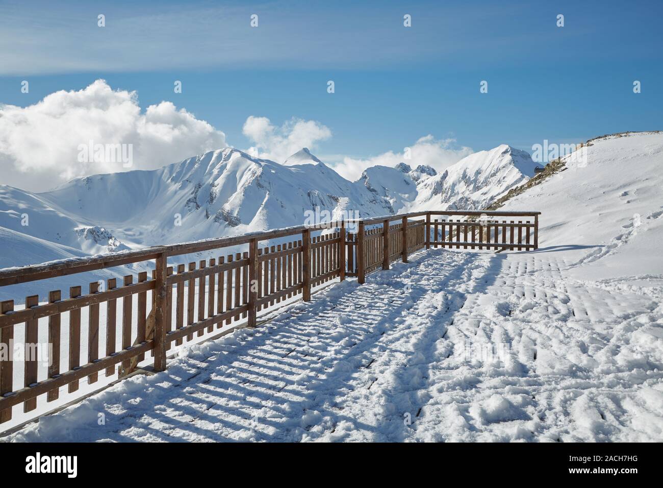 High mountain ski resort terrace Stock Photo