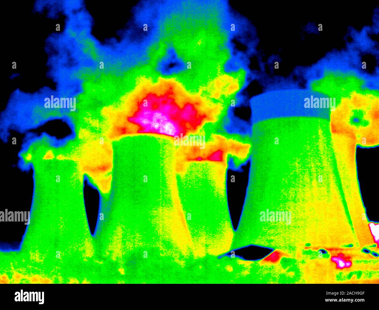Cooling towers. Thermogram of water vapour rising out of cooling towers