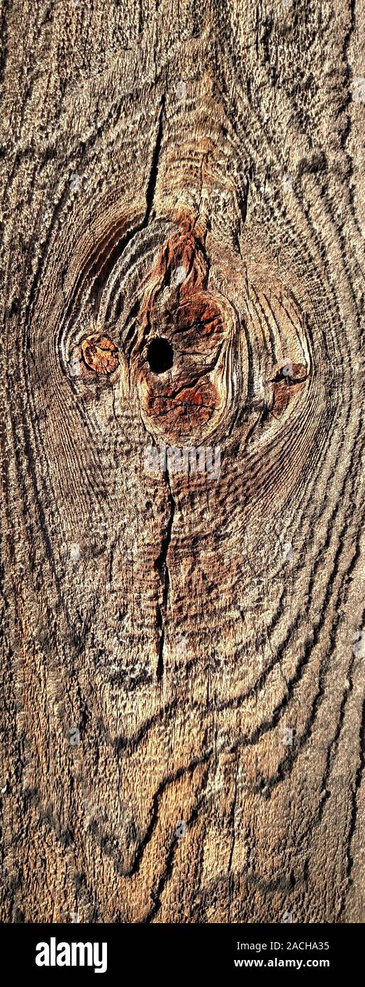 Wood grain patterns in a plank of wood in an old outdoor redwood fence Stock Photo