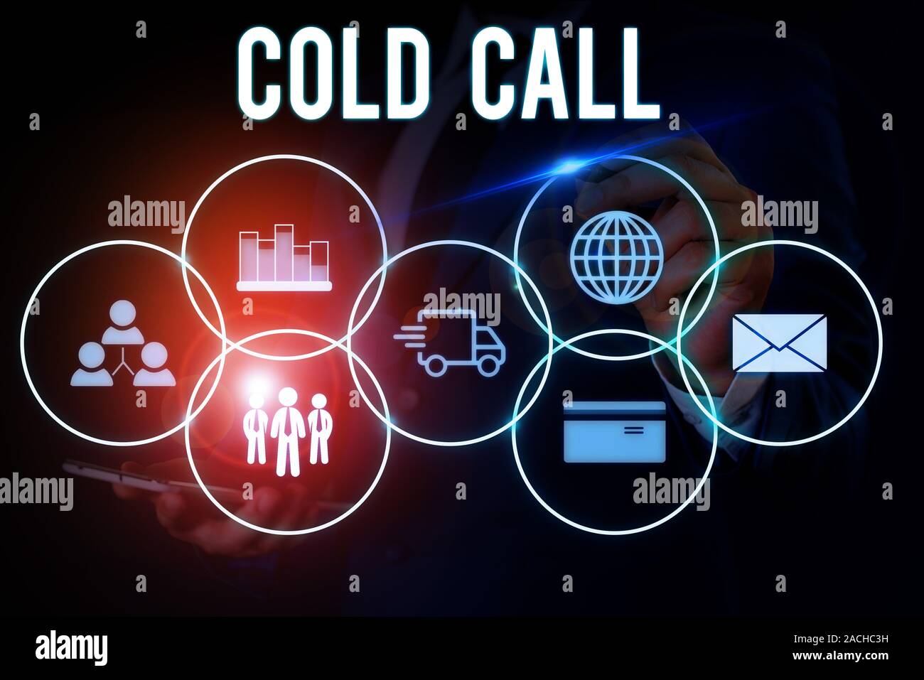 Word writing text Cold Call. Business photo showcasing Unsolicited call made by someone trying to sell goods or services Male human wear formal work s Stock Photo