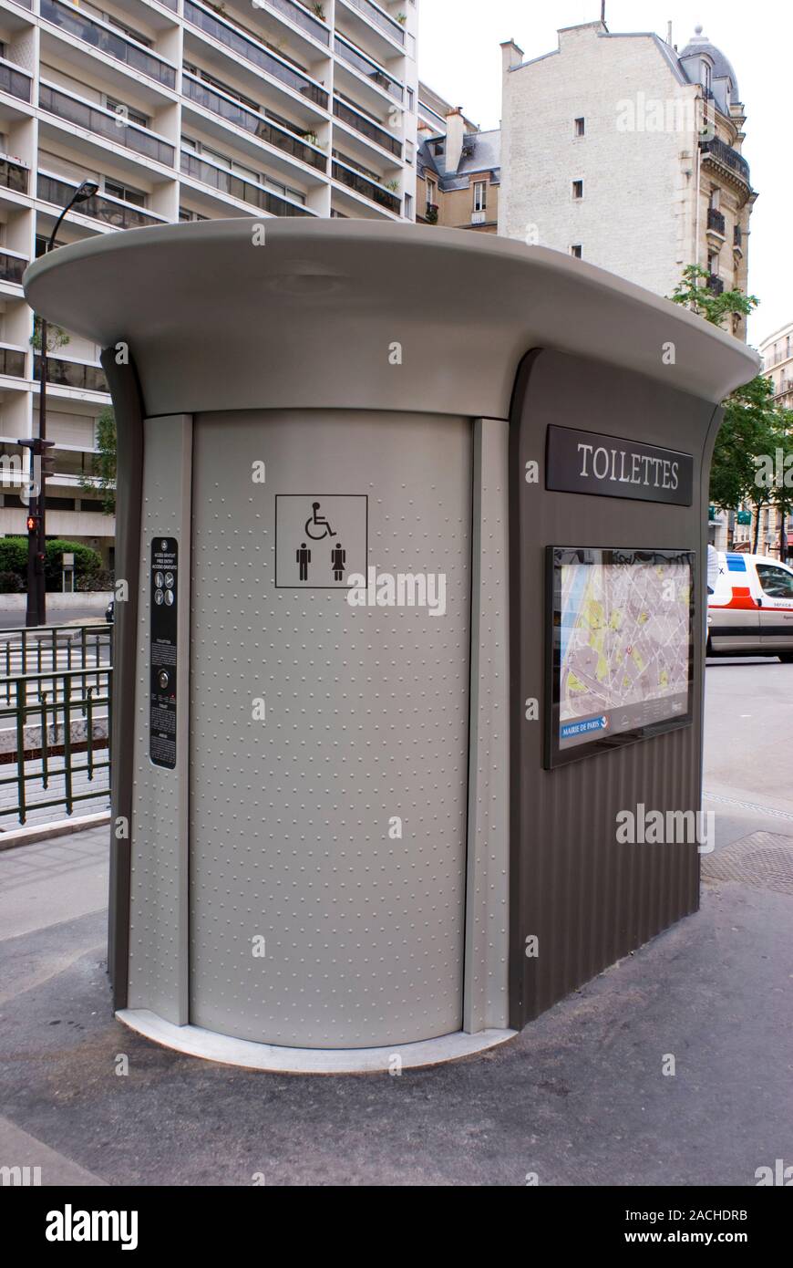 An automatic self-cleaning street toilet. Photographed on a street in ...