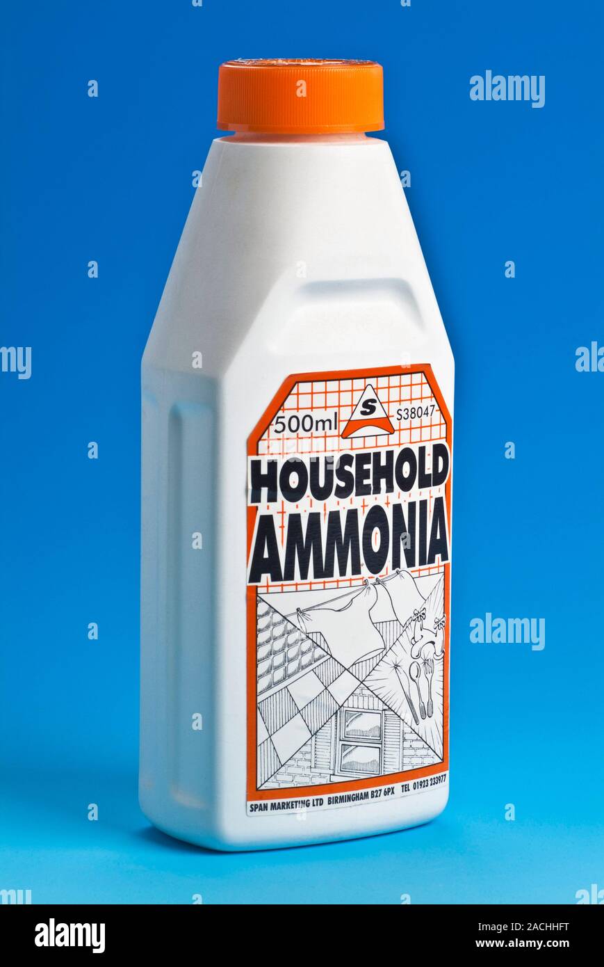 Bottle of household ammonia. Household ammonia is a solution of ammonia (NH3) in water, forming 