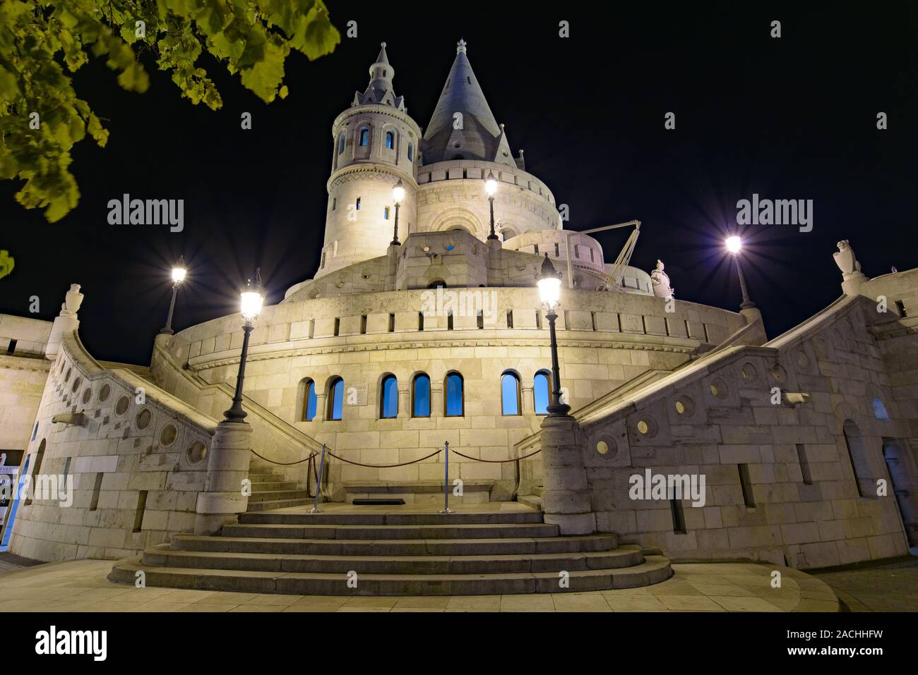 Night view of Fisherman's Bastion, one of the best known monuments in Budapest in the Buda Castle District, Hungary Stock Photo