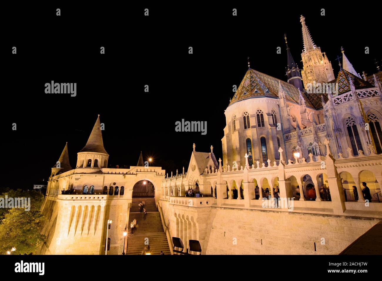Night view of Fisherman's Bastion, one of the best known monuments in Budapest in the Buda Castle District, Hungary Stock Photo