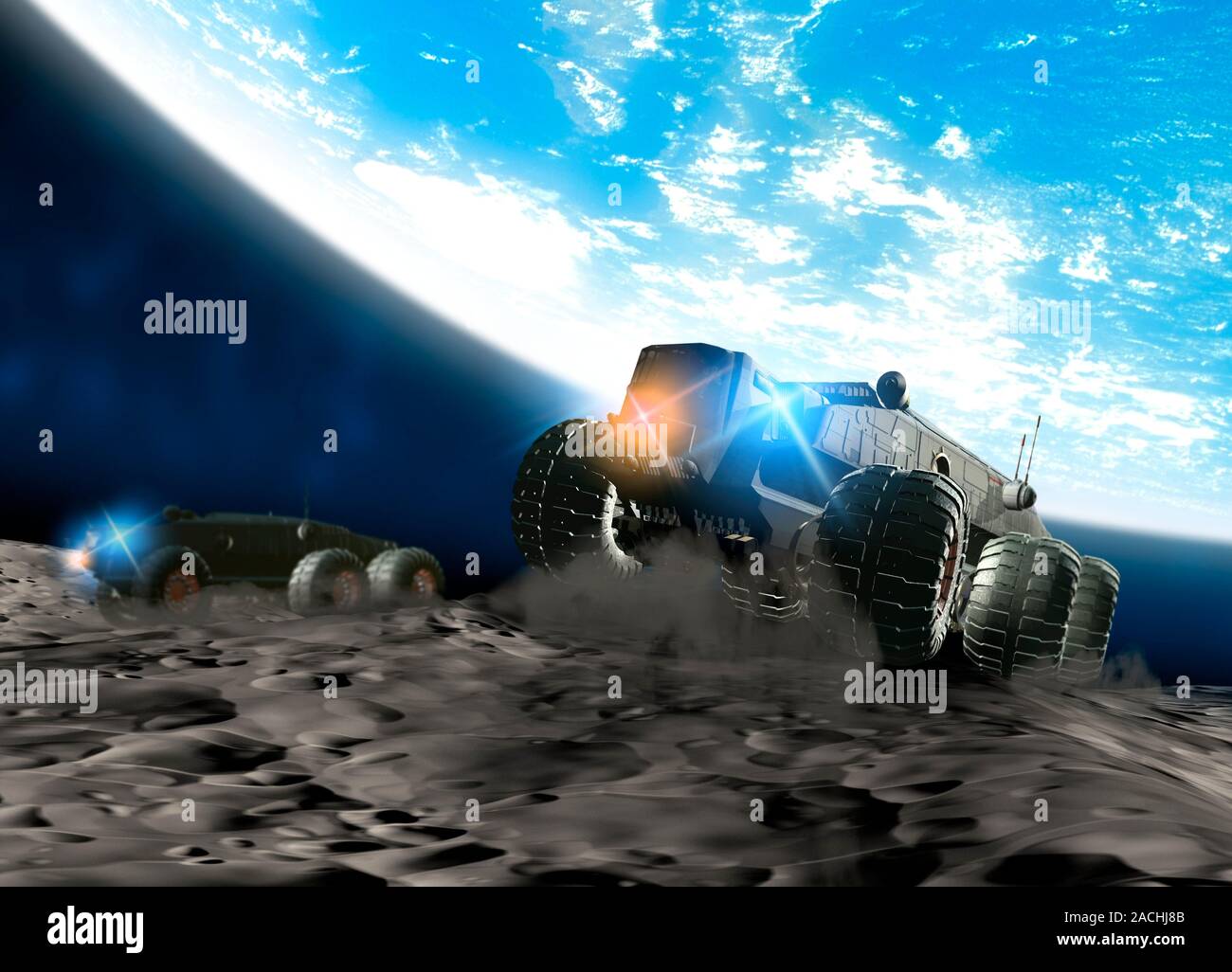 Moon exploration. Computer artwork of two transportation vehicles on