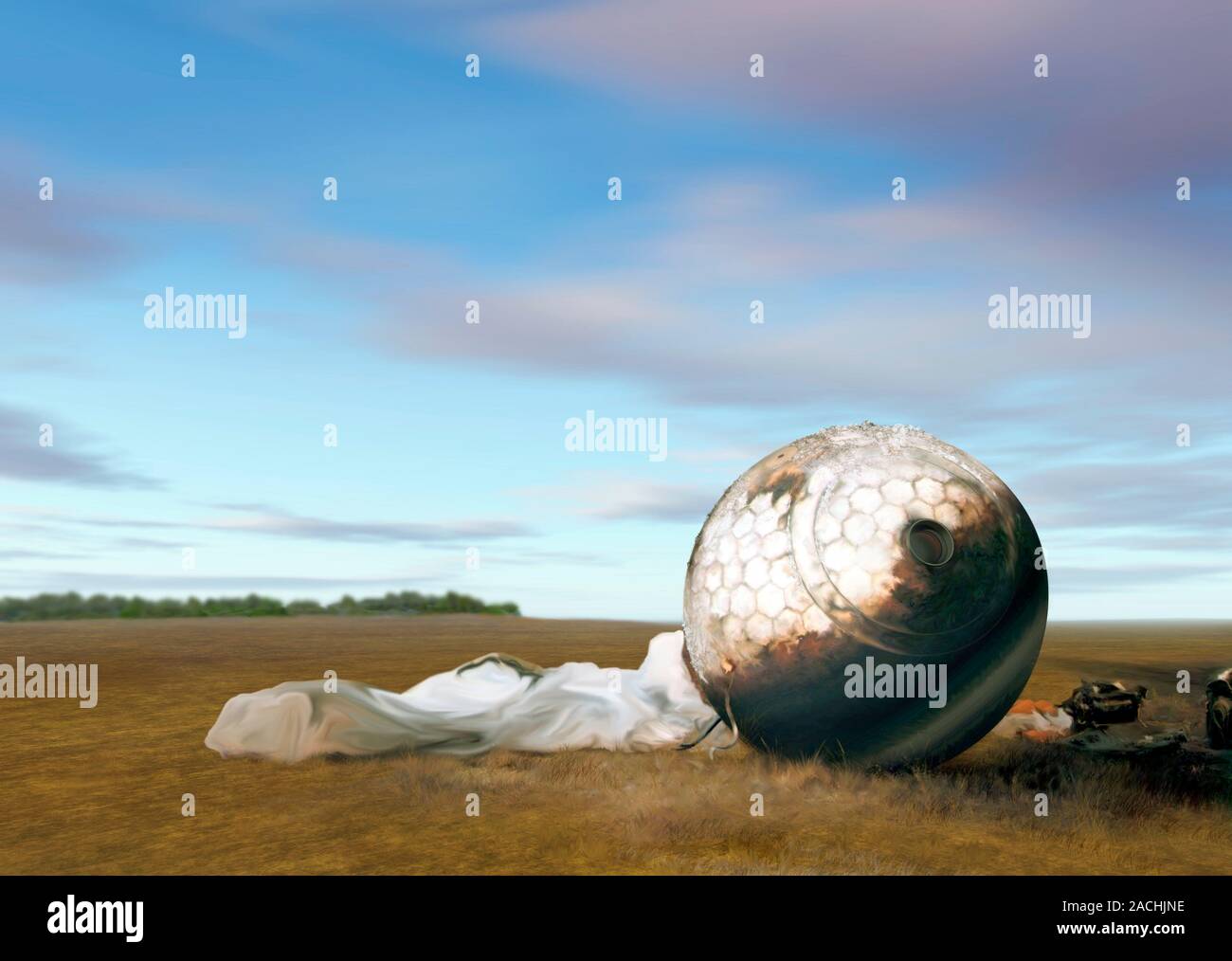 Vostok 1 spacecraft landing site. Artwork showing Vostok 1 after ...