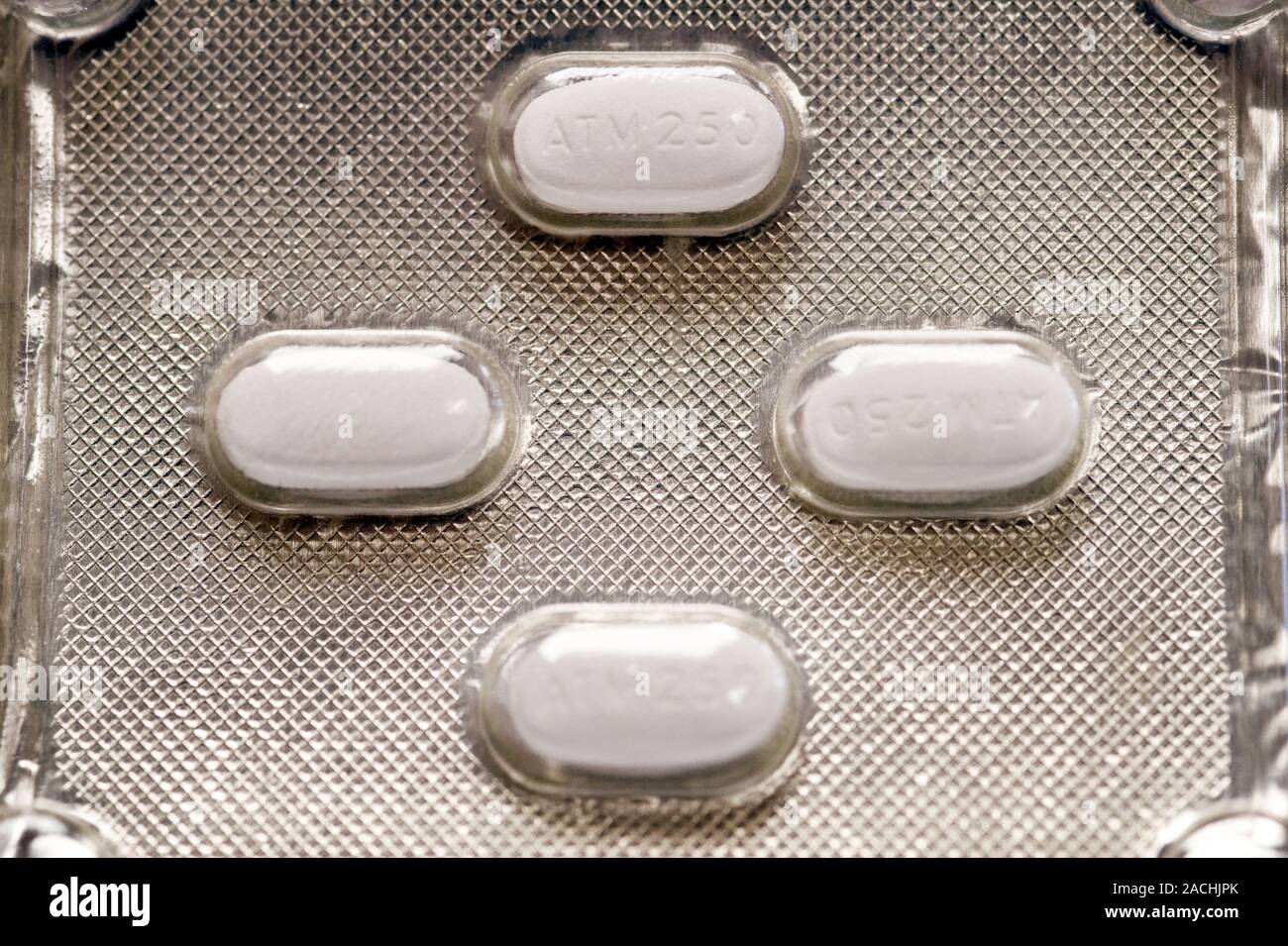 Azithromycin antibiotic drug. Close-up of a blisterpack of four 250 mg ...