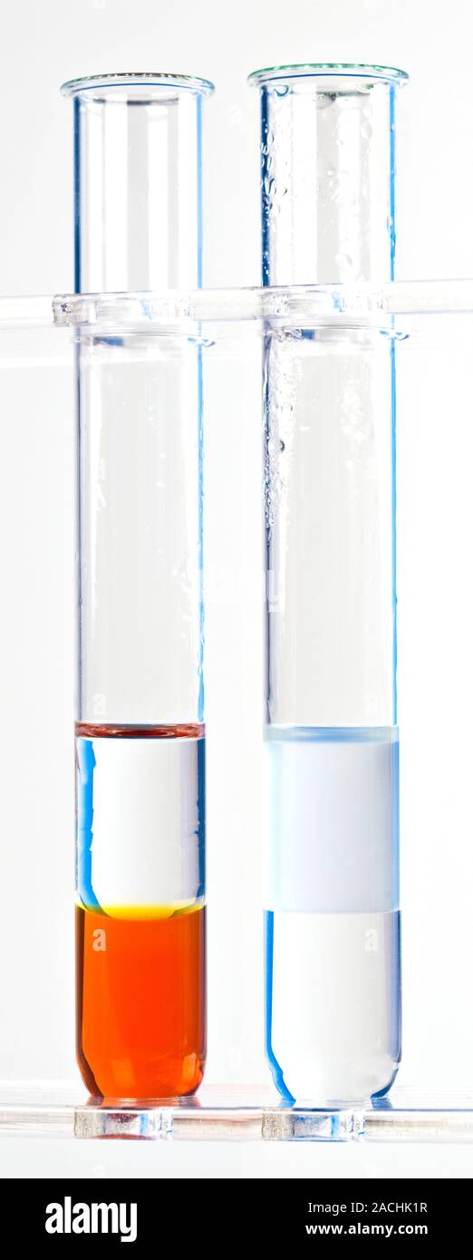 Alkene and bromine water. Test tubes showing the initial (left) and