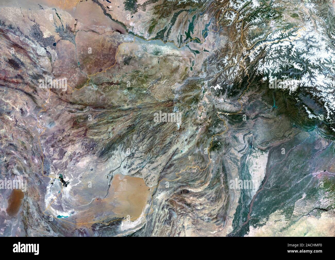 Afghanistan. Satellite image of Afghanistan (border shown in yellow), a 