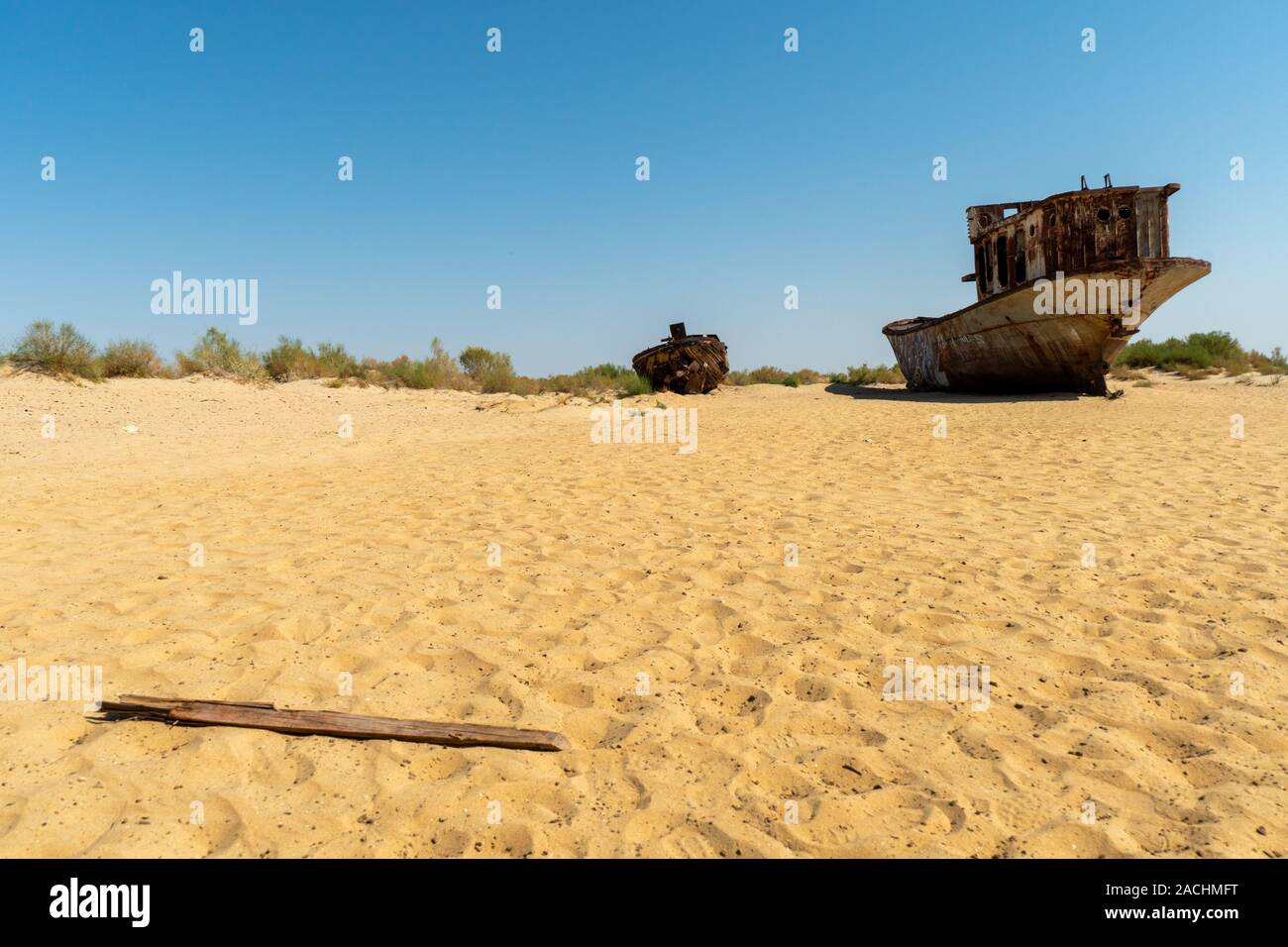 Rusty ship wreck in the deserted Aral Sea near Muynak in Uzbekistan Stock Photo