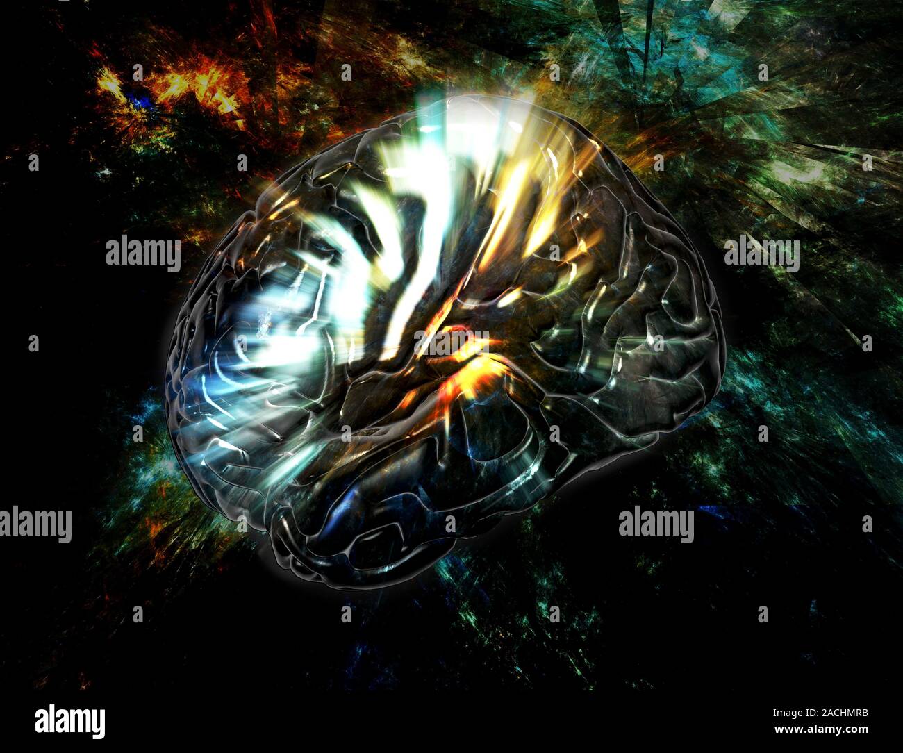 Brain activity. Artwork showing activity in the brain's frontal and ...