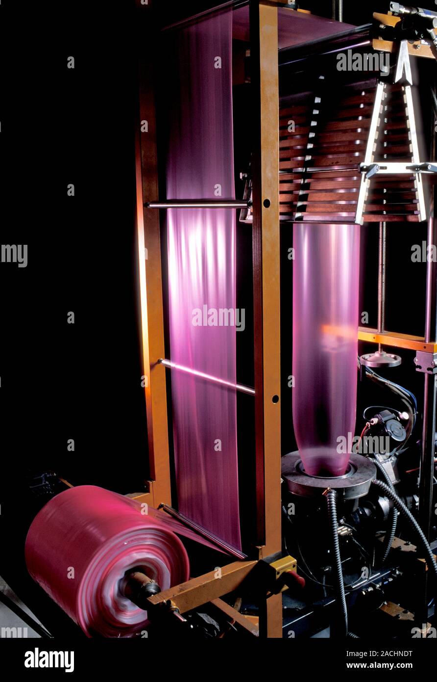 Plastic film production. Smallscale extrusion machine used to make thin plastic sheeting