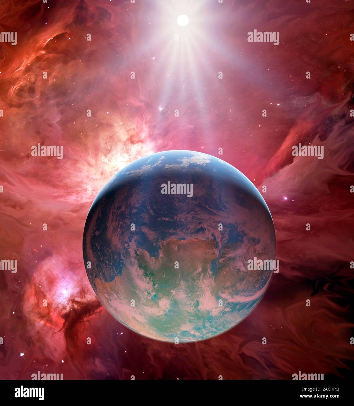 Earthlike in Orion Nebula, artwork. The parent star is at top. A
