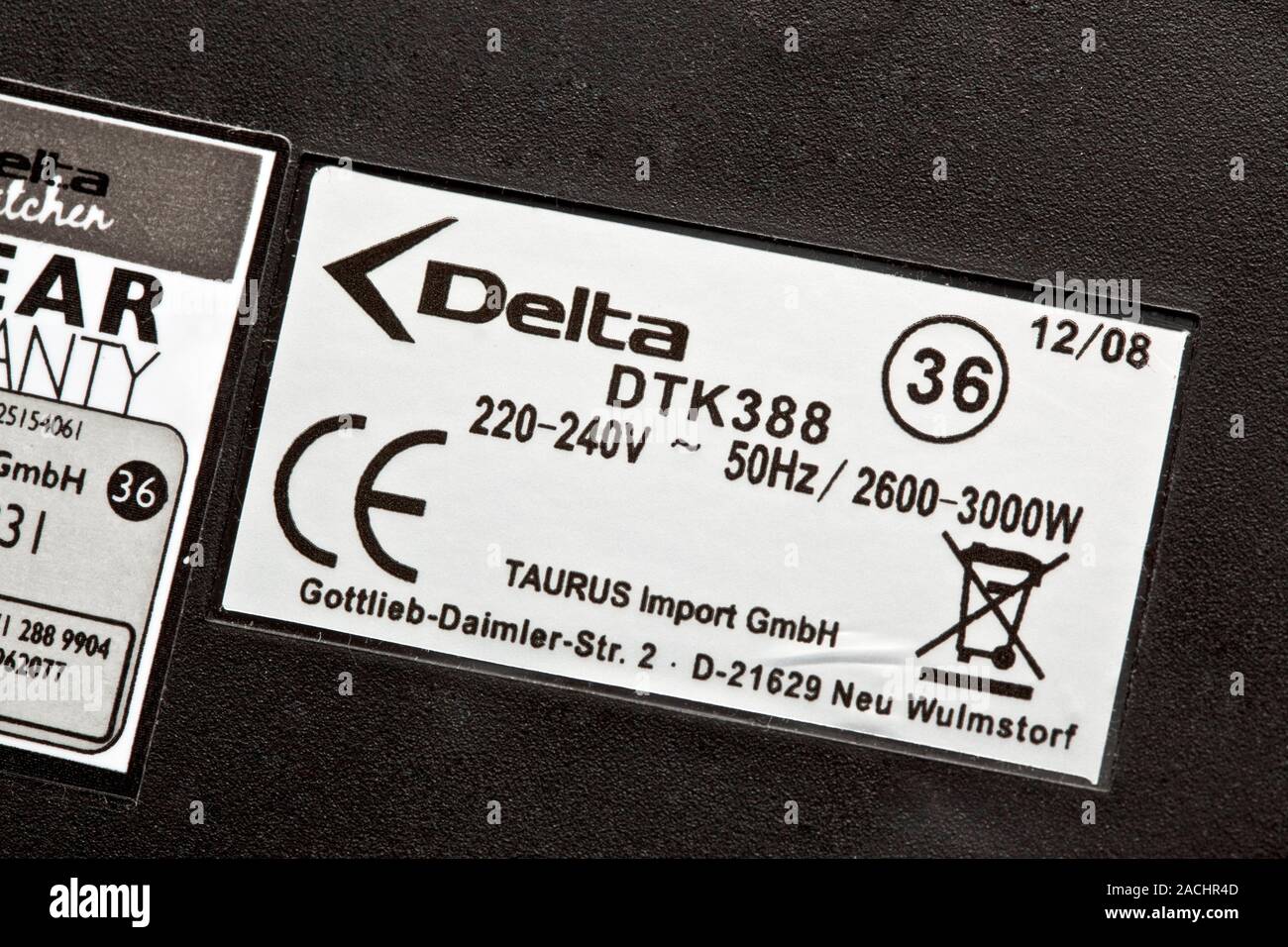 Power rating label. Label containing electrical power rating information on an electric kettle