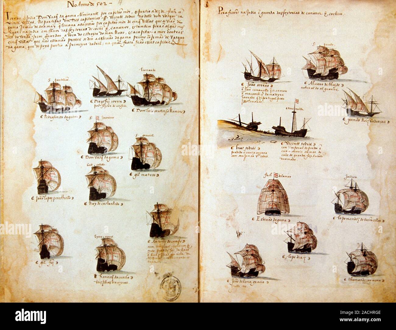 Vasco da Gama's armada of 1502. Historical artwork of the twenty ships ...